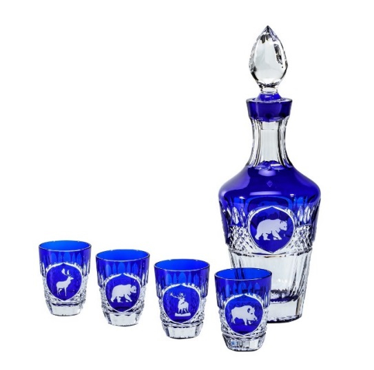 Набор из штофа и 4-х рюмок для водки "Hunt" синий Tsar Faberge